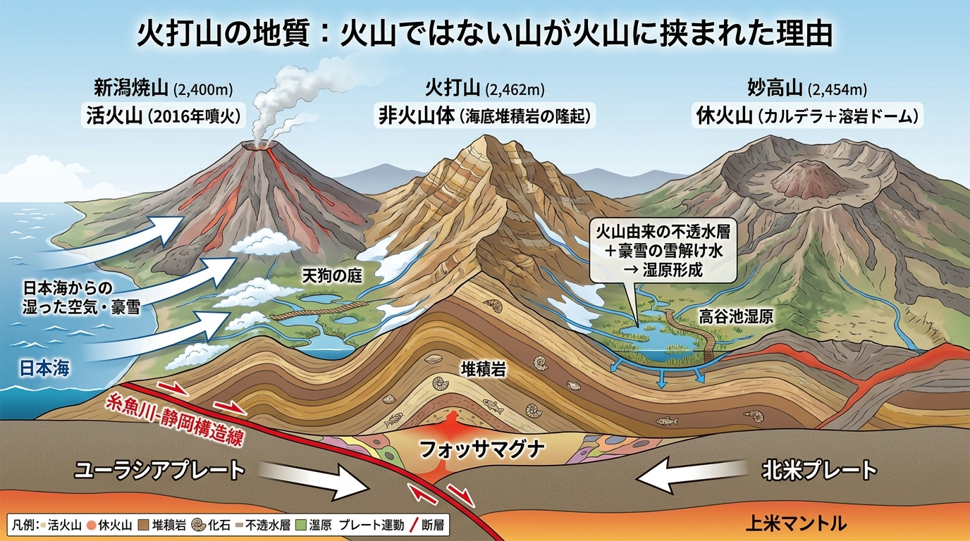 火打山の地質 火山に挟まれた非火山体