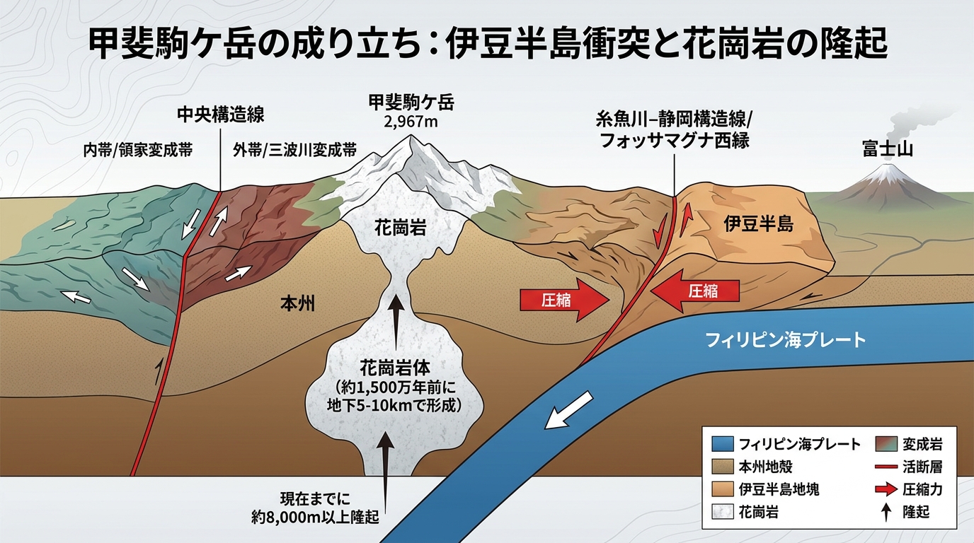 甲斐駒ケ岳の成り立ち 伊豆半島衝突と花崗岩
