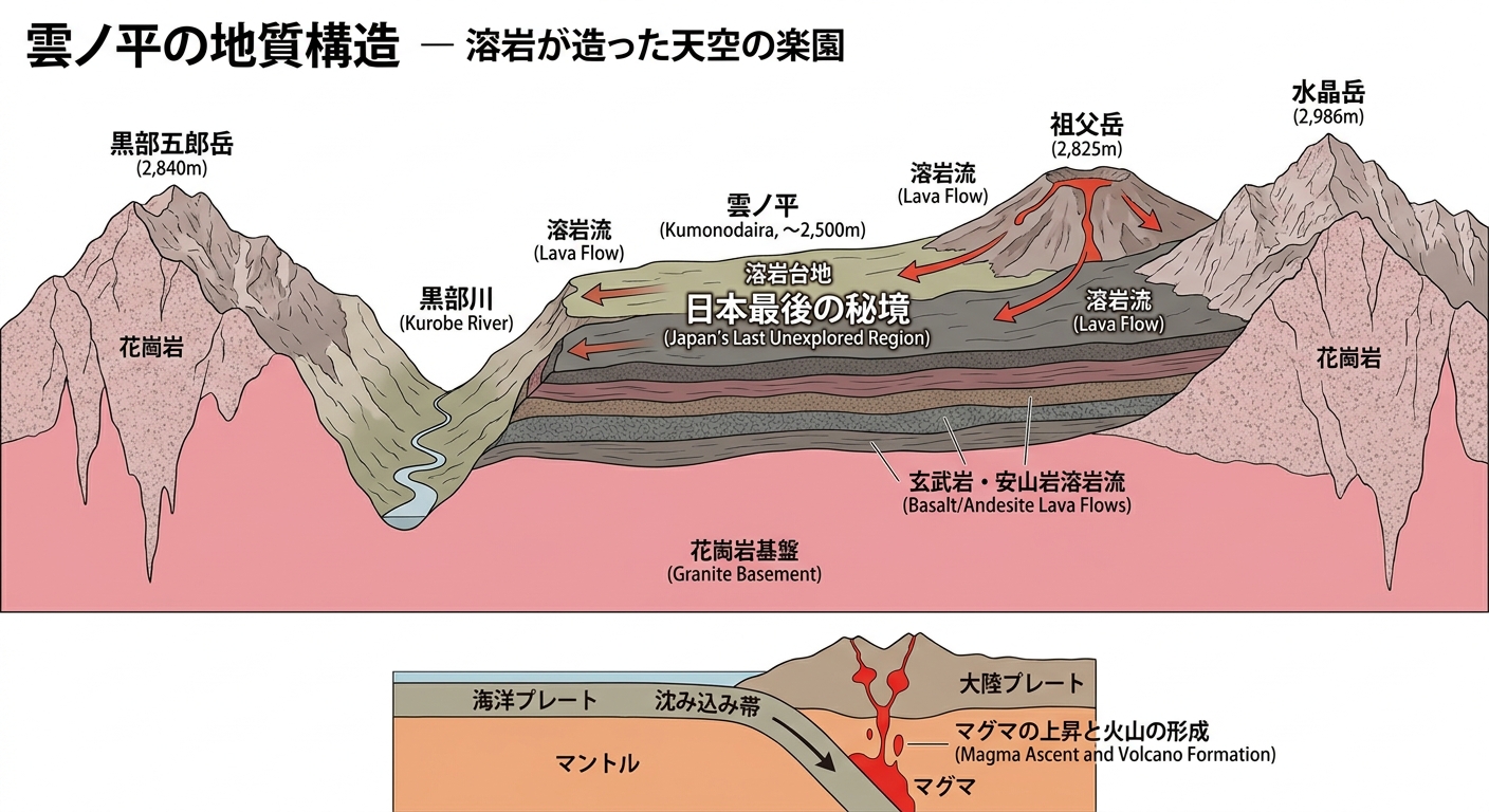 雲ノ平の地質構造 溶岩台地と花崗岩の山々