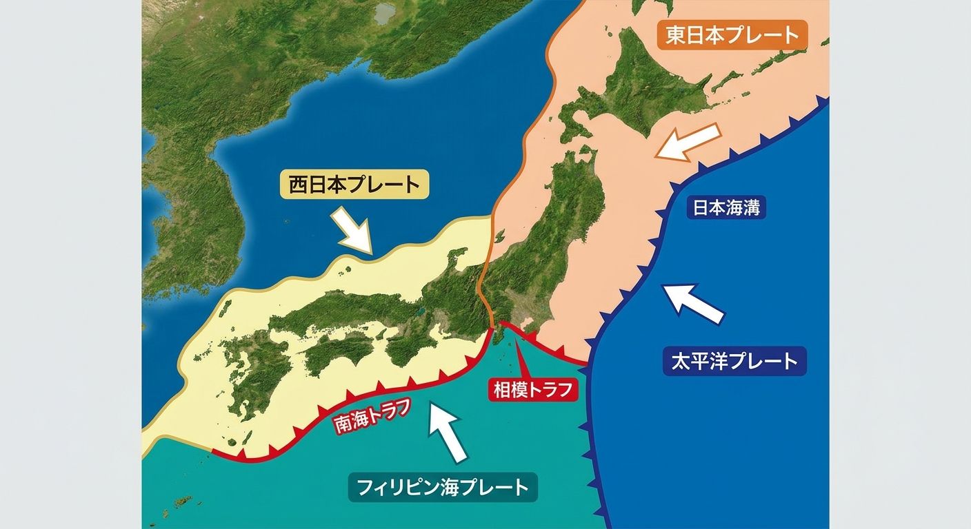 日本列島周辺の4つのプレートと沈み込み帯