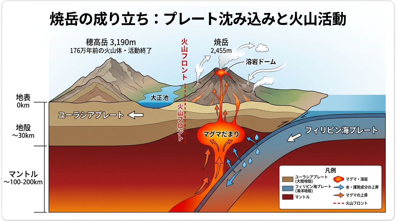 焼岳の成り立ち プレート沈み込みと火山活動