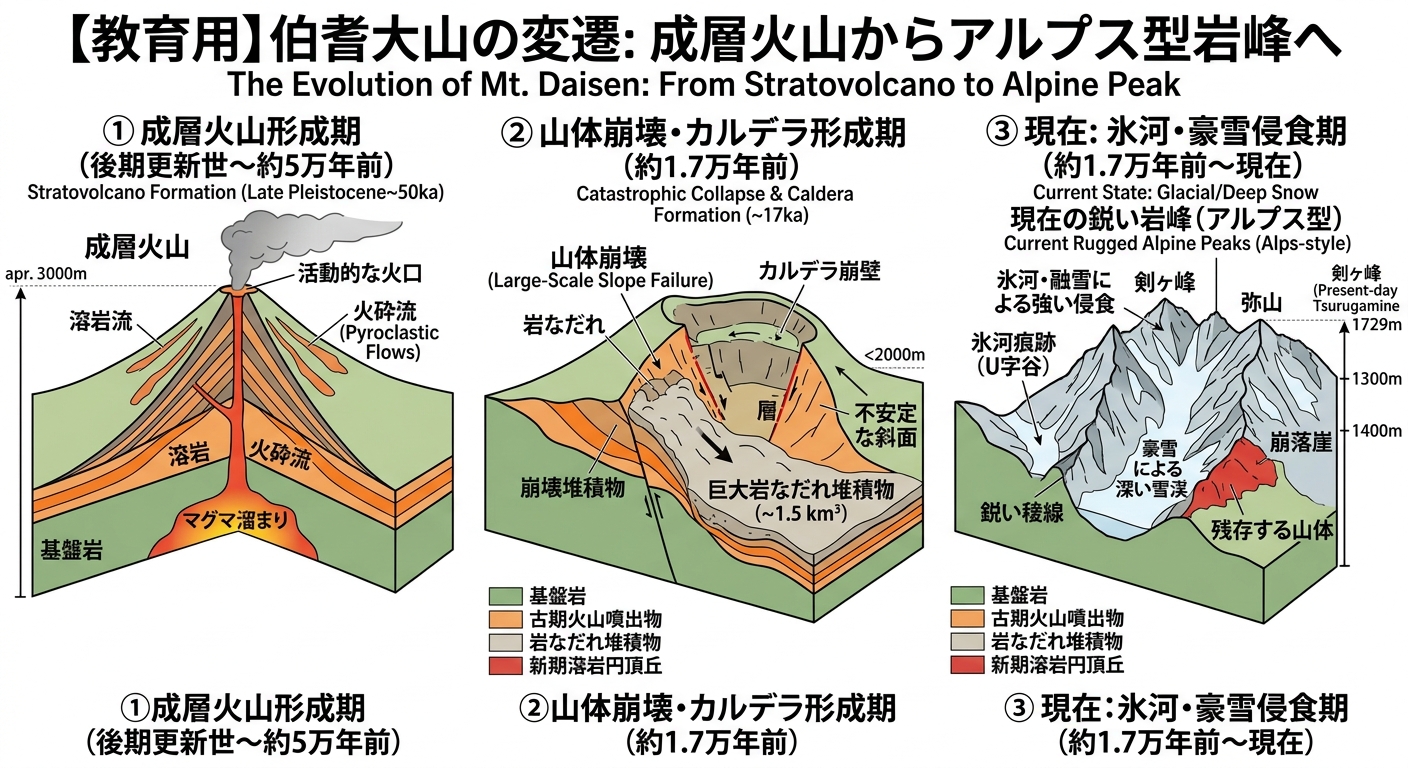 伯耆大山の変遷 富士山型からアルプス型へ