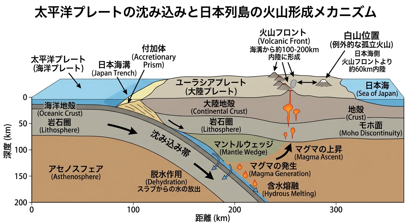 沈み込み帯と火山フロント：白山の位置関係