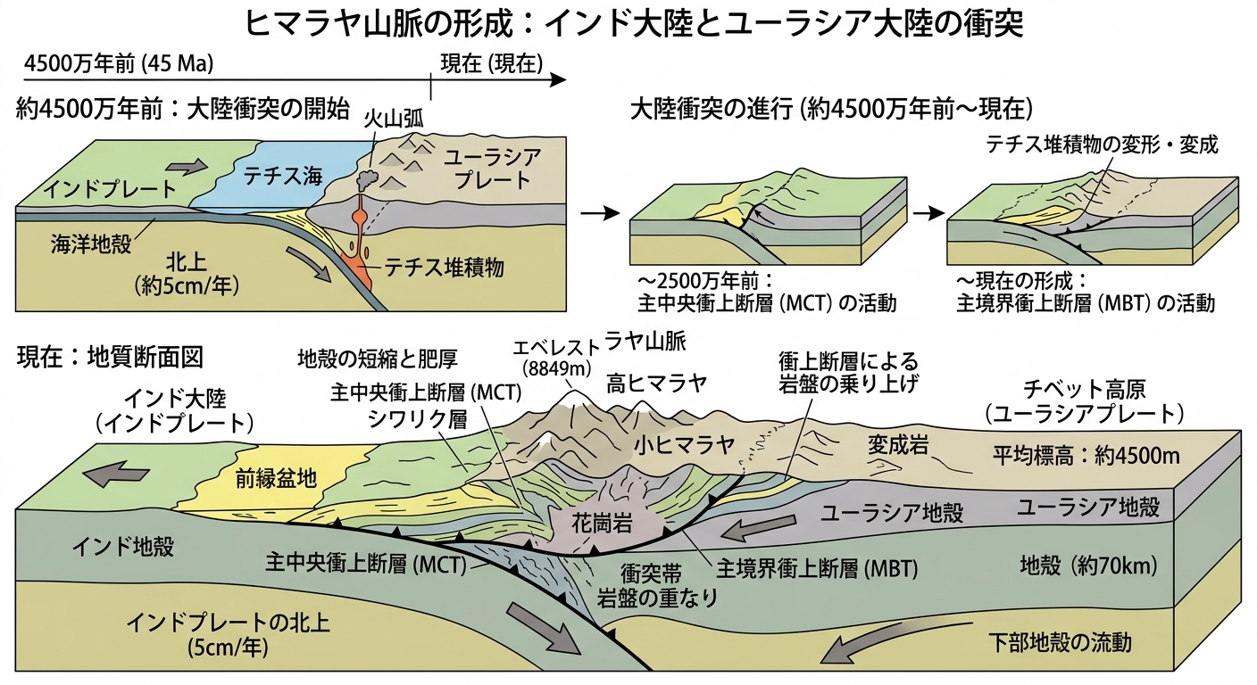 インド・ユーラシア大陸衝突とヒマラヤ形成の断面図