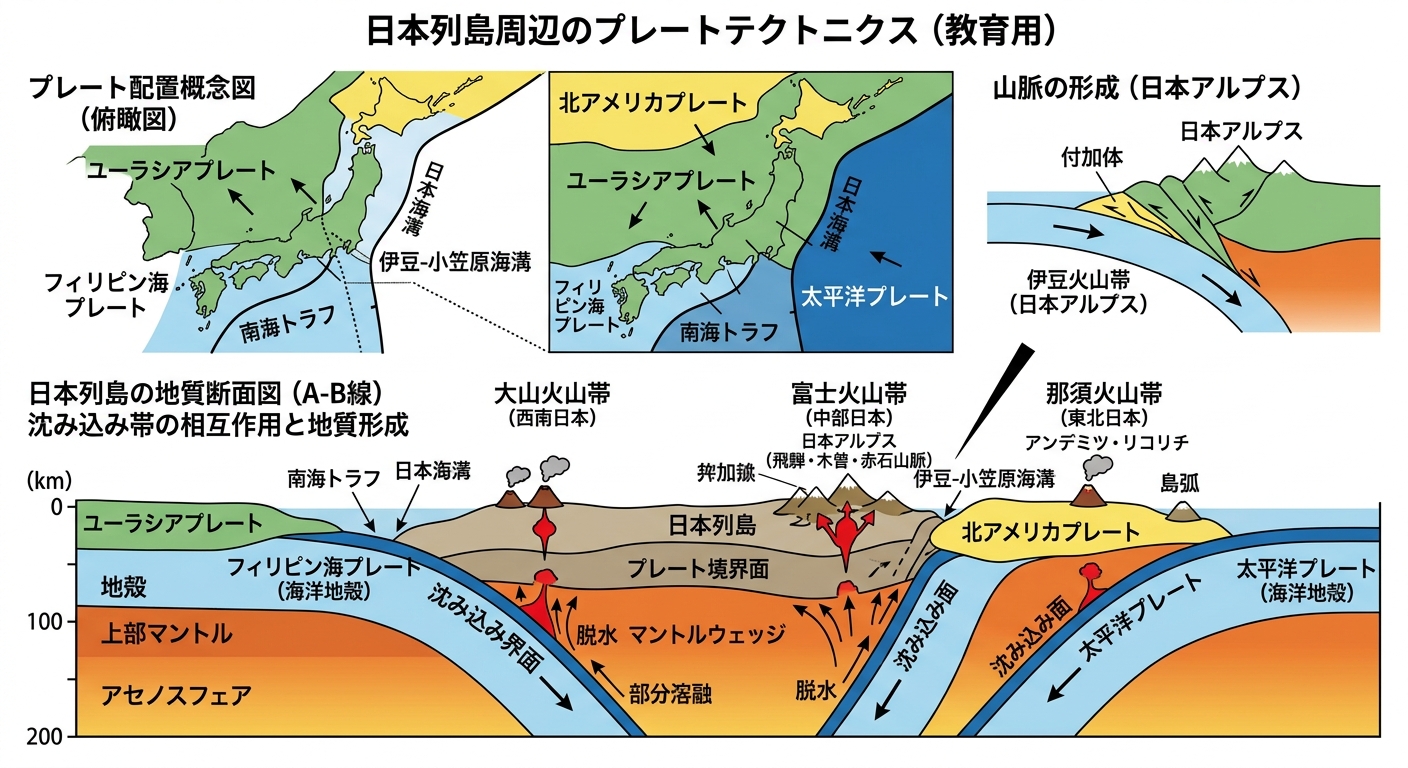 日本列島と4つのプレートの配置