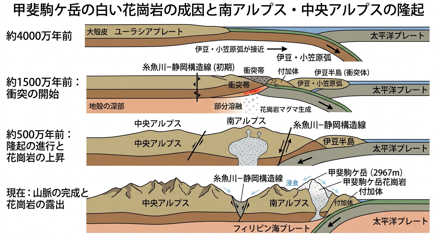 伊豆半島衝突と甲斐駒ケ岳の白い花崗岩