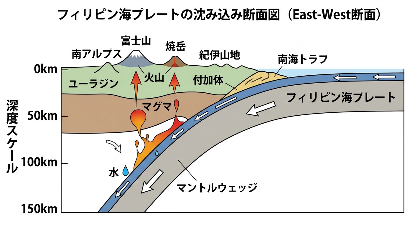 フィリピン海プレートの沈み込み断面図