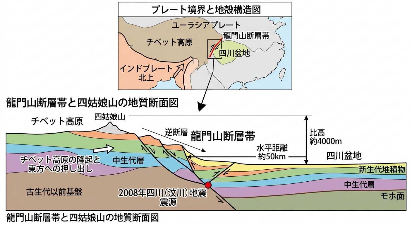 龍門山断層帯と四川盆地の地形断面