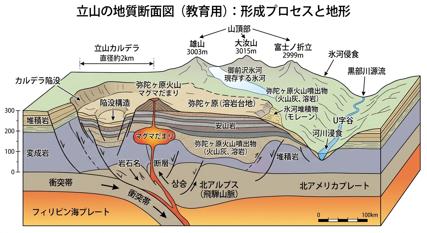 立山の地質断面 カルデラと氷河地形