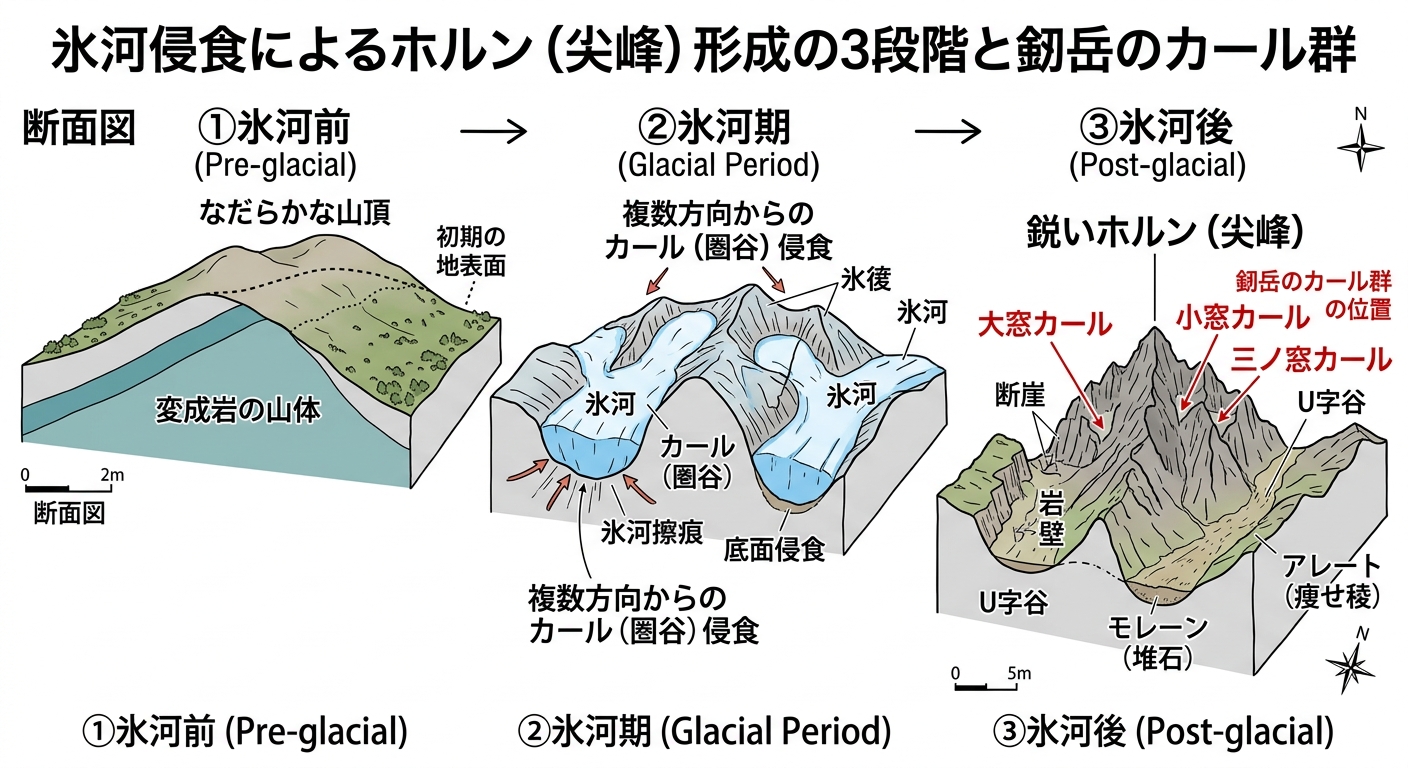 氷河侵食によるホルン形成 剱岳の成り立ち