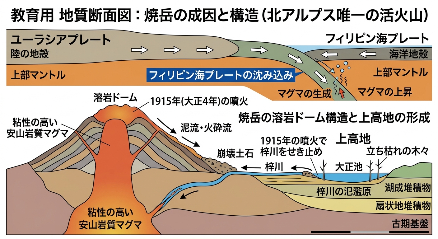 焼岳の溶岩ドームと上高地形成の仕組み