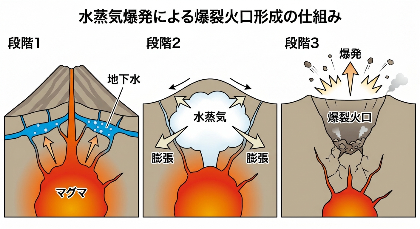 水蒸気爆発で爆裂火口ができる仕組みの図解