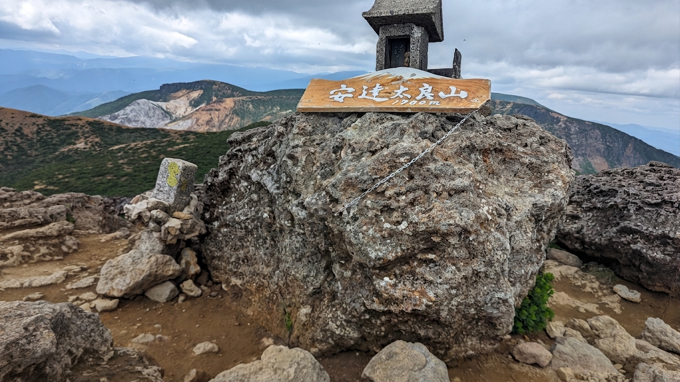 安達太良山の山頂標識と乳首山の溶岩ドーム