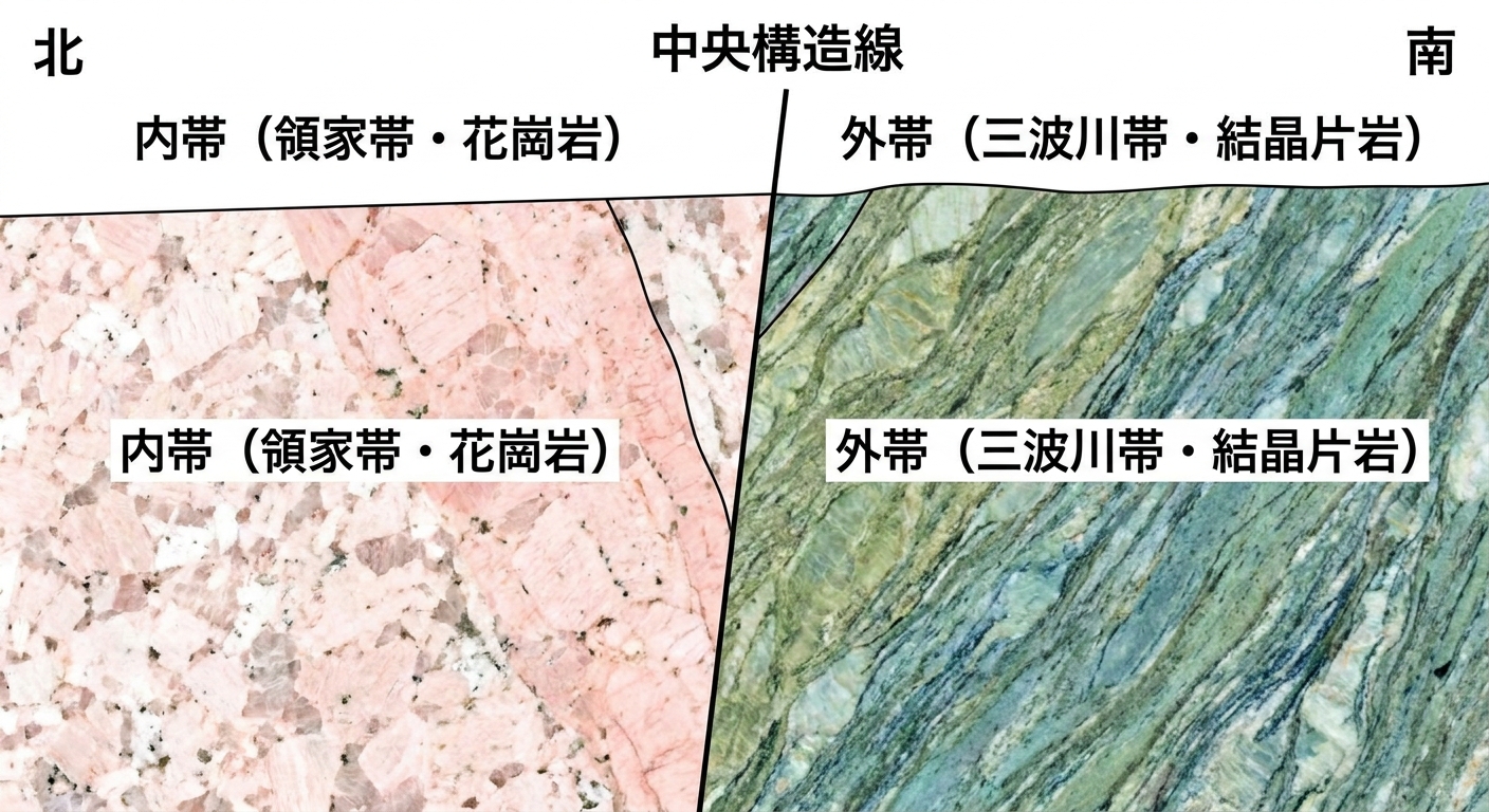 中央構造線を境にした内帯と外帯の岩石の違いを示す断面図