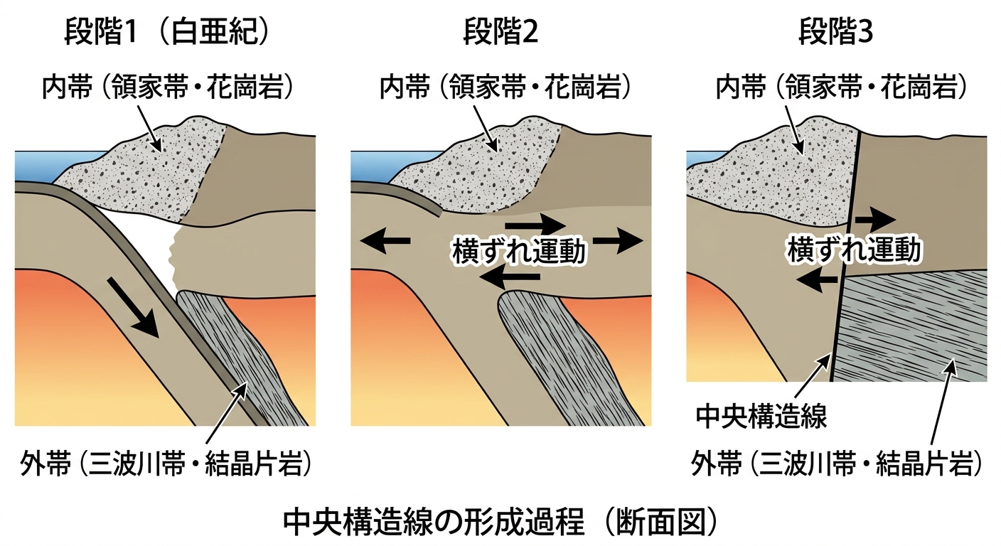 中央構造線ができるまでの3段階を示す図