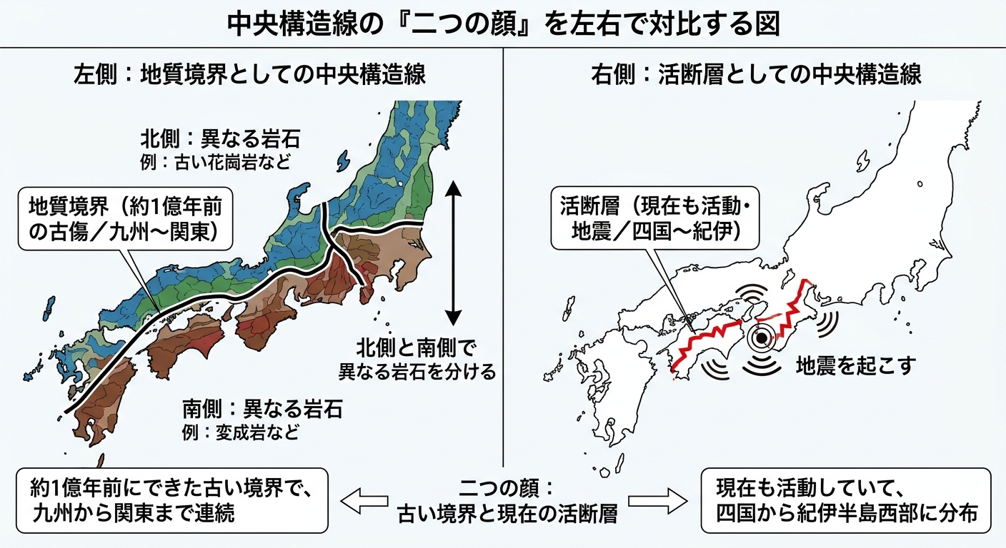 中央構造線の二つの顔（地質境界と活断層）を対比する図