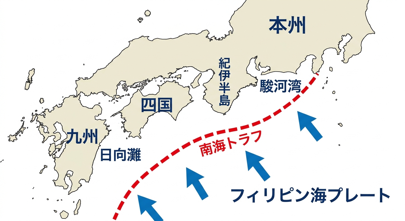南海トラフの位置とフィリピン海プレートの沈み込み方向を示す日本列島南部の地図