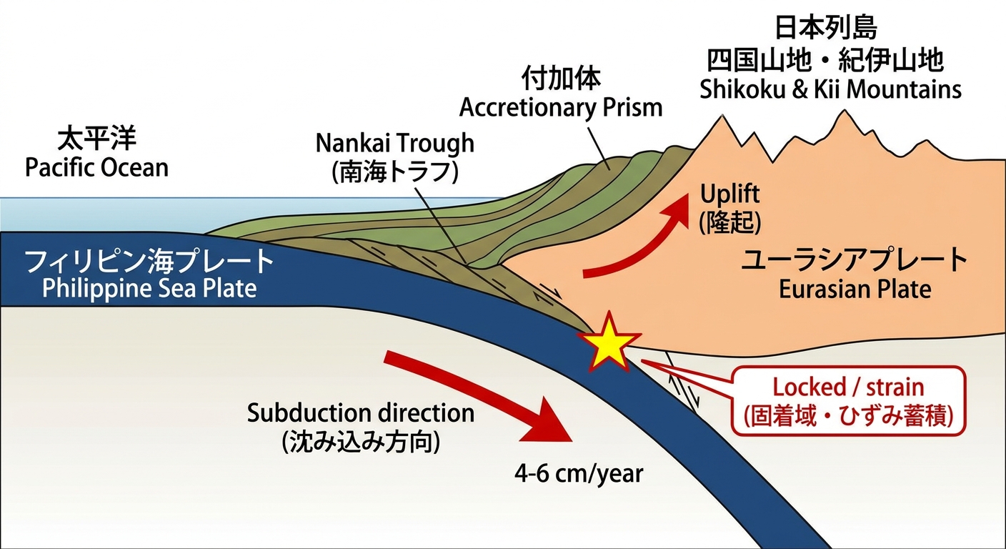 南海トラフでのフィリピン海プレートの沈み込みと付加体形成の断面図