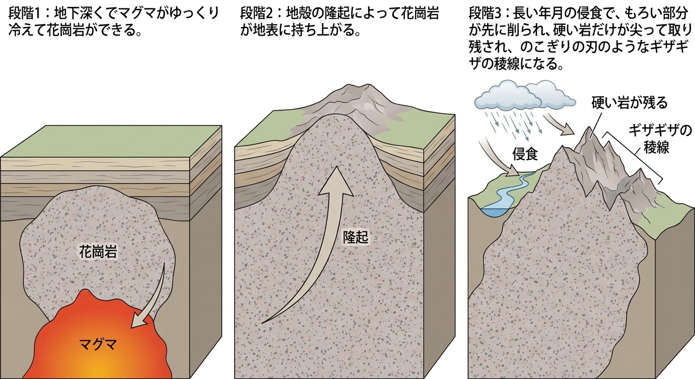 鋸岳が険しいギザギザの稜線になる仕組みの図解