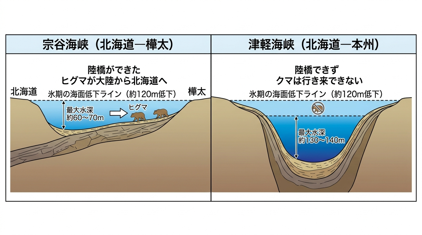 氷期の宗谷海峡と津軽海峡の断面比較図解