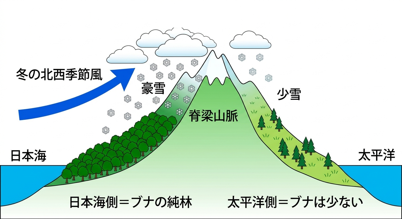 冬の季節風が日本海側に雪を降らせブナ林を育てる断面図解