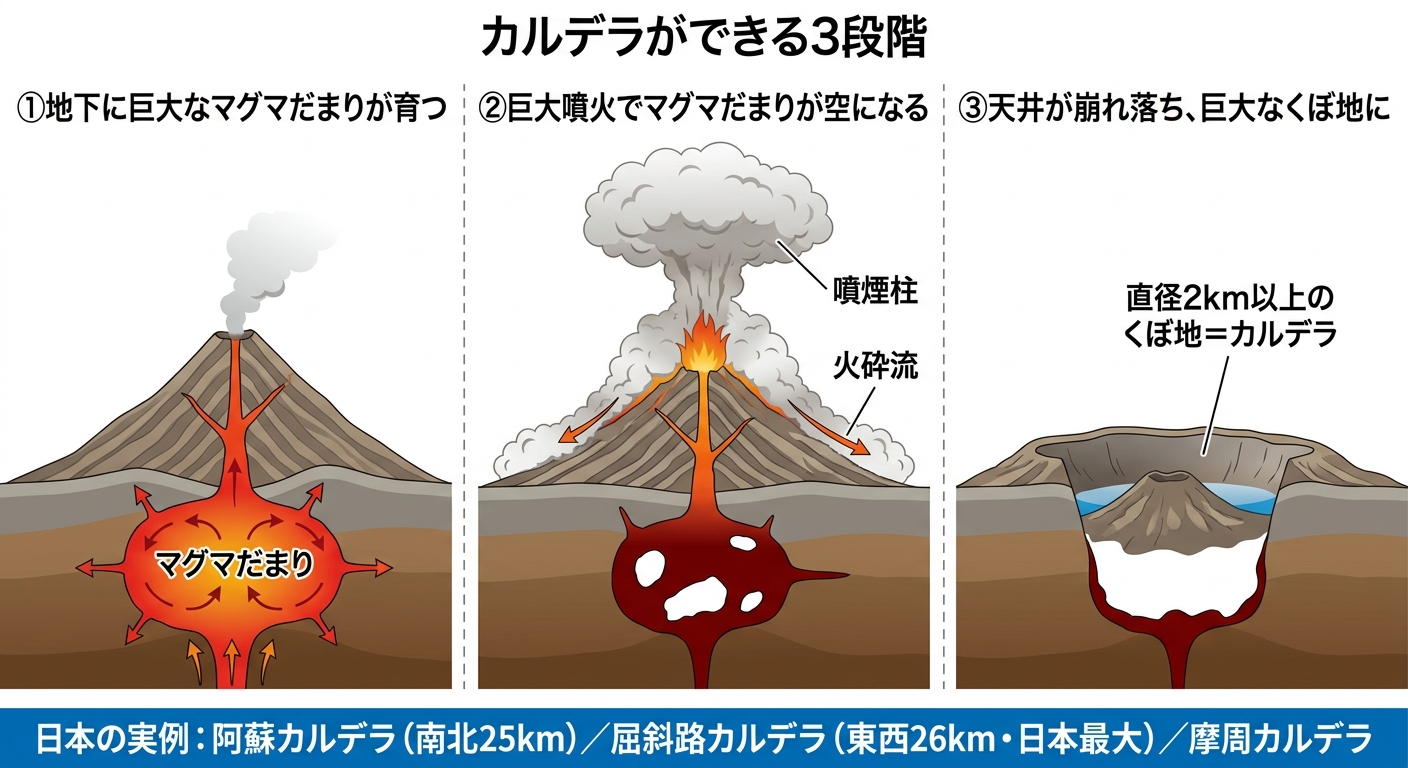 カルデラ形成の3段階を示す断面図解。マグマだまりに蓄積、大噴火で空になる、天井が陥没