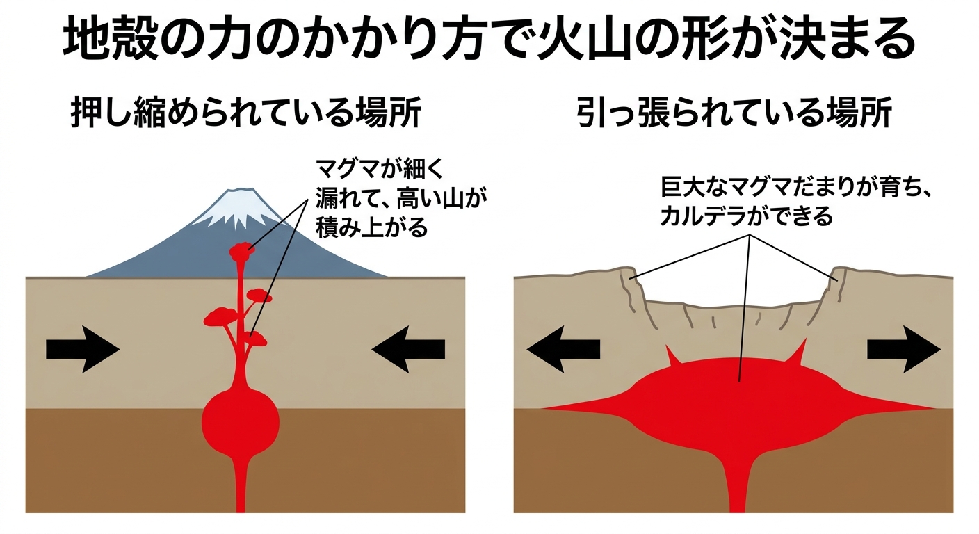 押し縮められる場所では高い成層火山、引っ張られる場所では巨大マグマだまりとカルデラができることを示す比較断面図解