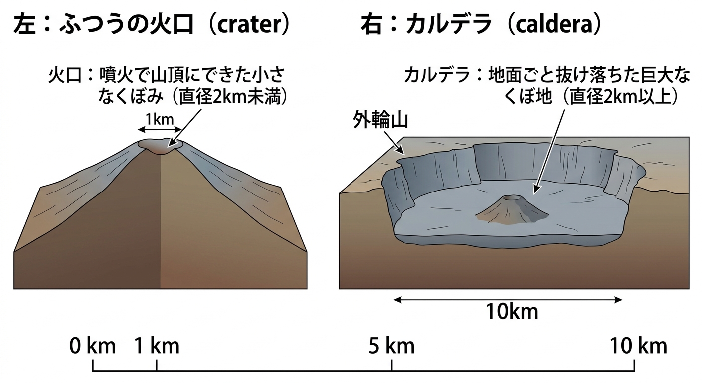 火口とカルデラの大きさと成り立ちを比較した断面図解