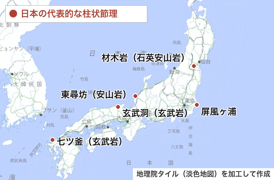 東尋坊・玄武洞・材木岩・七ツ釜・屏風ヶ浦など日本の代表的な柱状節理の分布地図