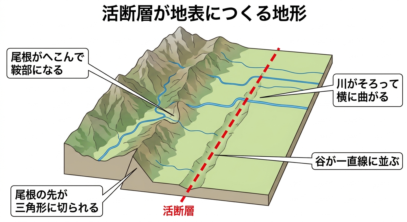 活断層が地表につくる地形の模式図