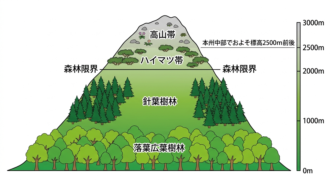 山の標高帯ごとの植生と森林限界を示す断面図解