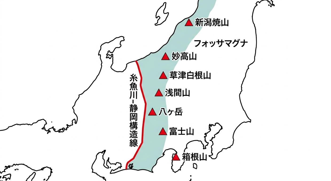 フォッサマグナに沿って南北に並ぶ火山列