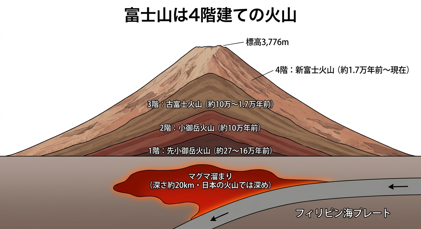 富士山の4層構造の断面図:先小御岳・小御岳・古富士・新富士とフィリピン海プレート