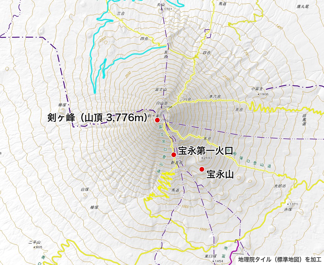 富士山周辺の地形図:剣ヶ峰・宝永第一火口・宝永山