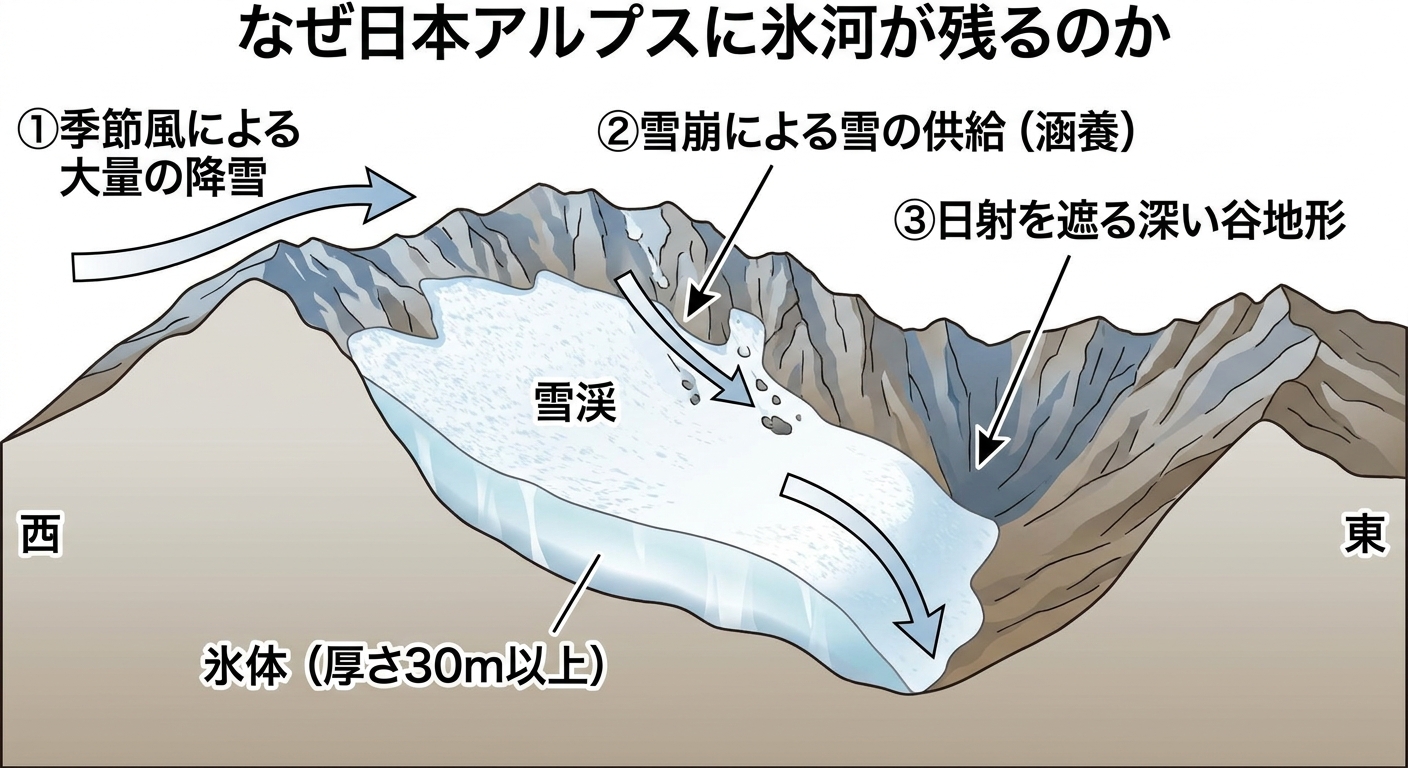 なぜ日本アルプスに氷河が残るのか:季節風による降雪・雪崩による涵養・日射を遮る谷地形の図解
