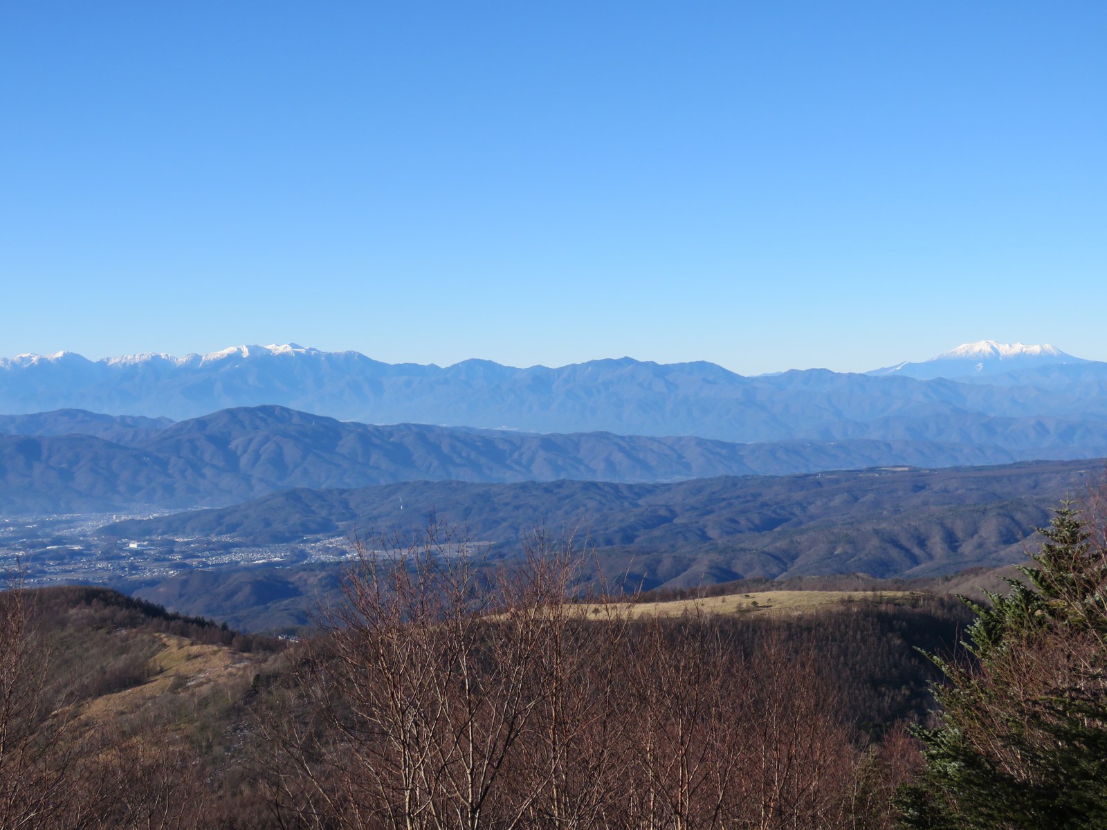 山の上から見下ろした盆地と平野、周囲を囲む山々