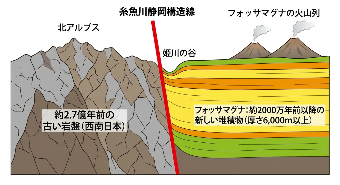 糸魚川静岡構造線の東西断面図:西側の古い岩盤とフォッサマグナの新しい堆積物