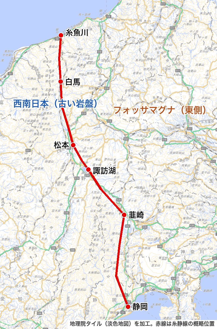 糸魚川静岡構造線の位置図:糸魚川から白馬・松本・諏訪湖・韮崎を経て静岡へ
