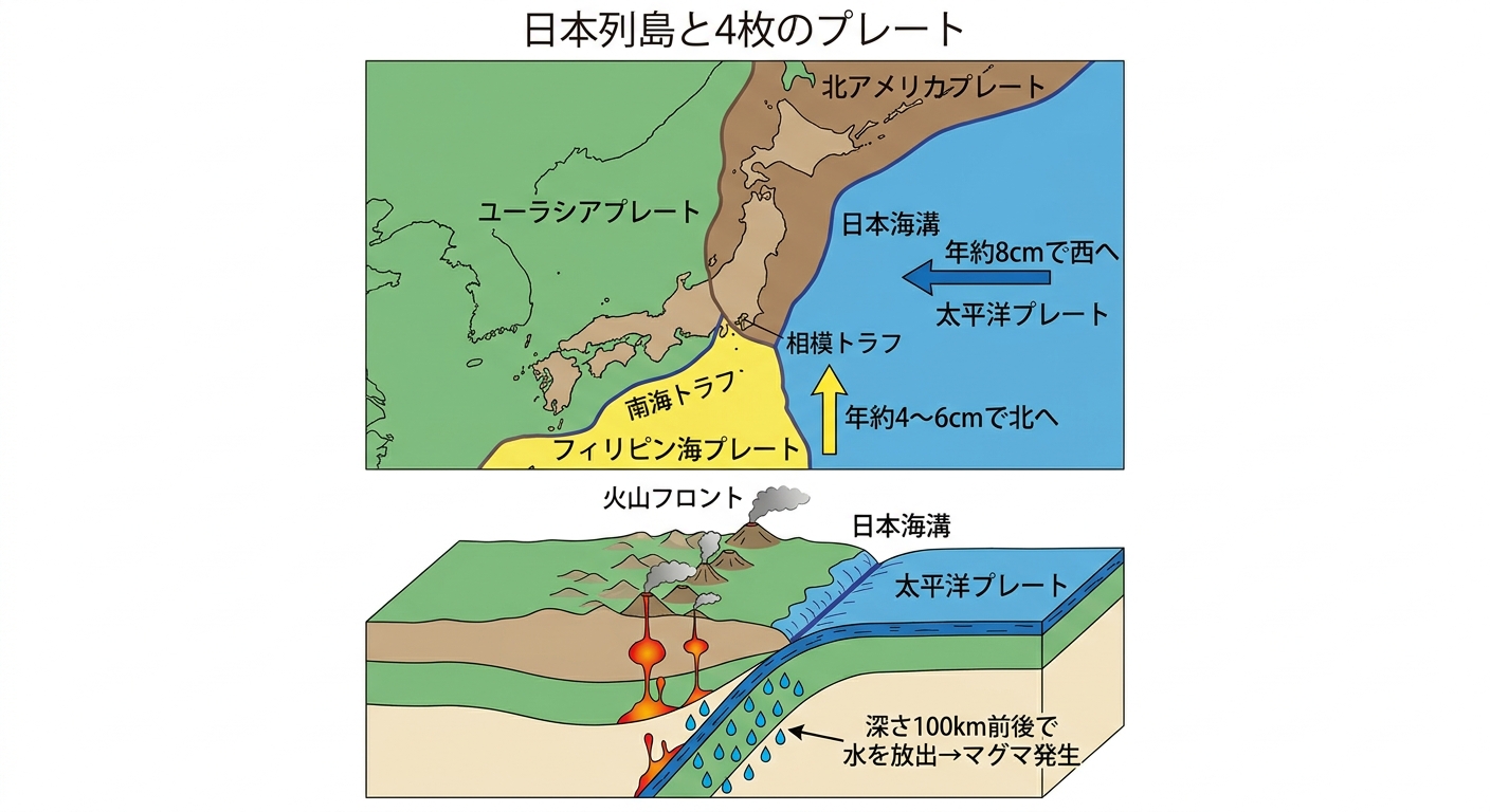 日本列島と4つのプレートの配置
