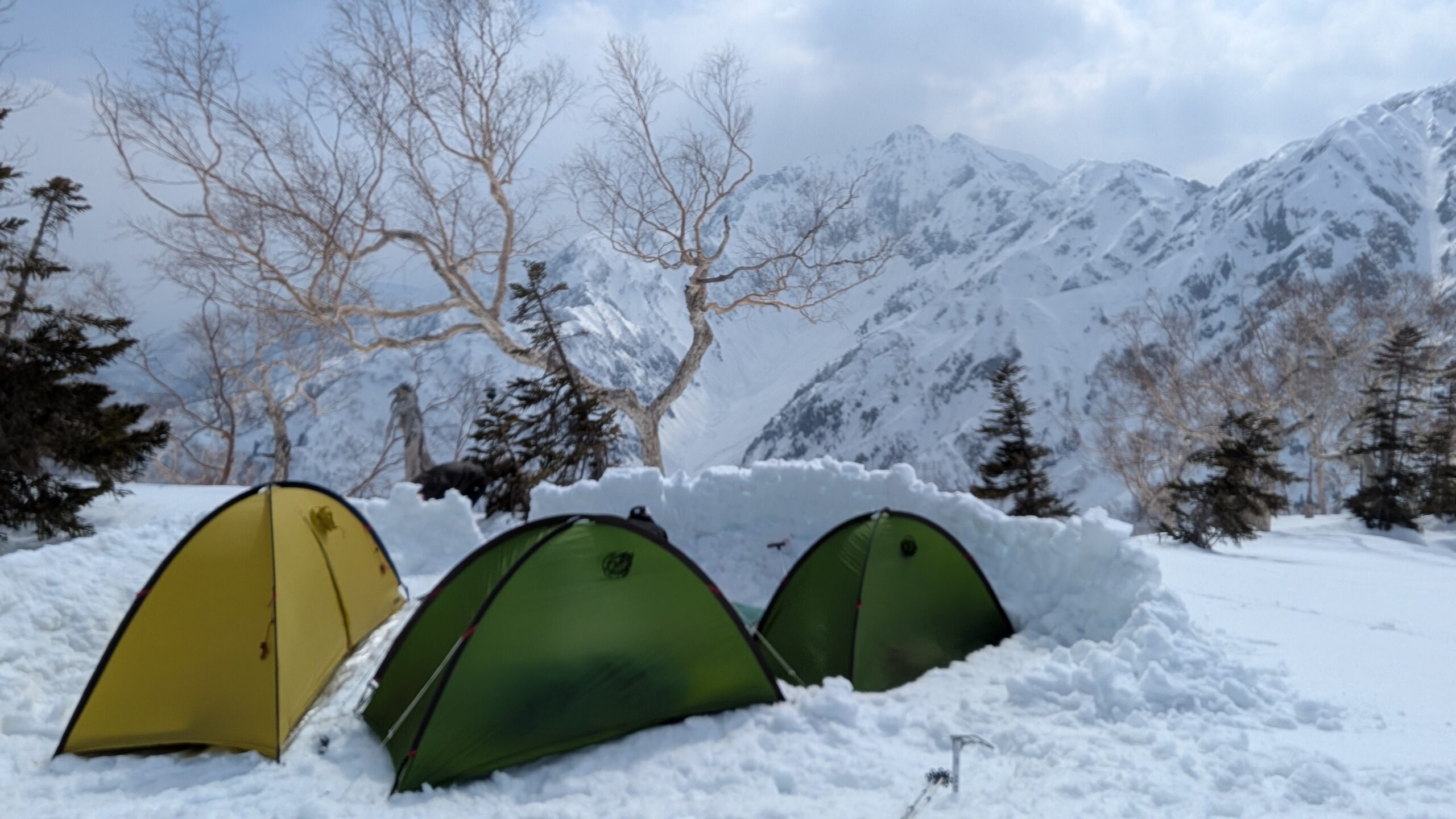 厳冬期の遠見尾根でのテント泊。背後に後立山の峰々