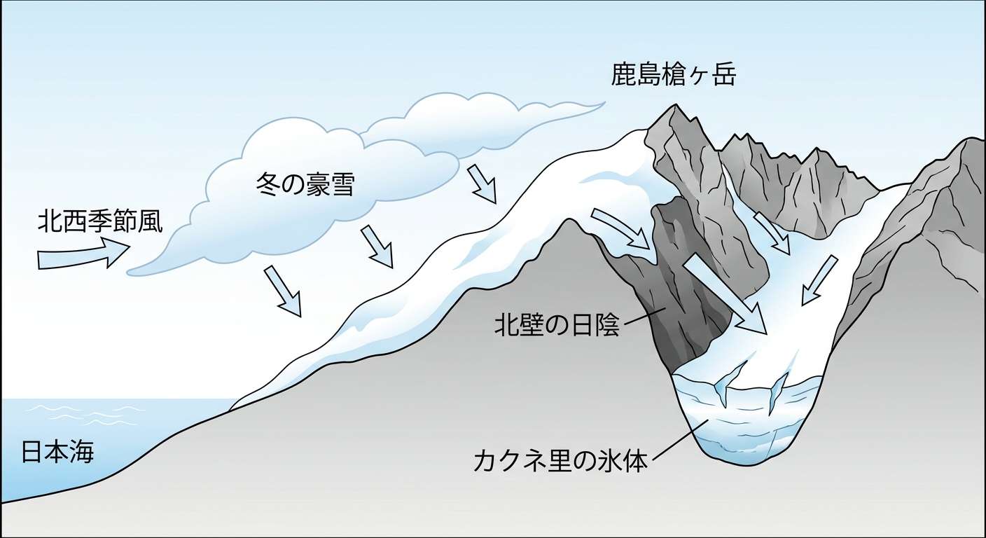 カクネ里に氷河が残る仕組みの図解