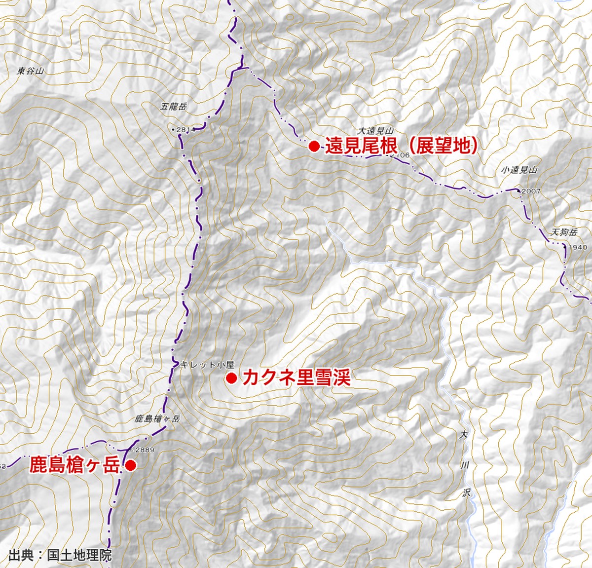 カクネ里雪渓と鹿島槍ヶ岳、遠見尾根の位置関係の地形図