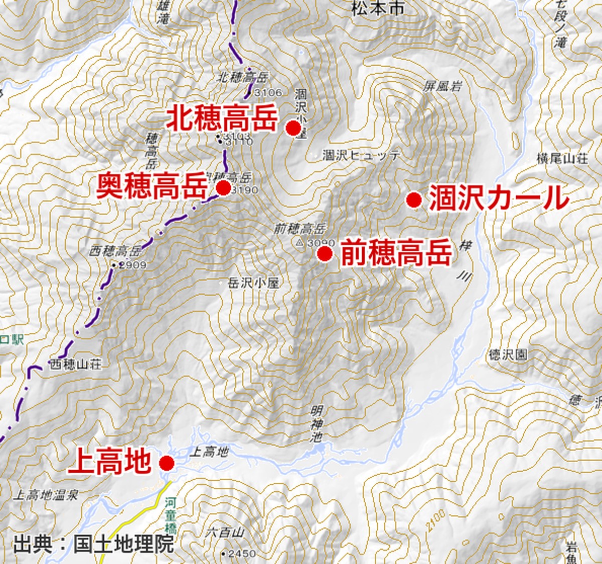 涸沢カールと穂高連峰の地形図