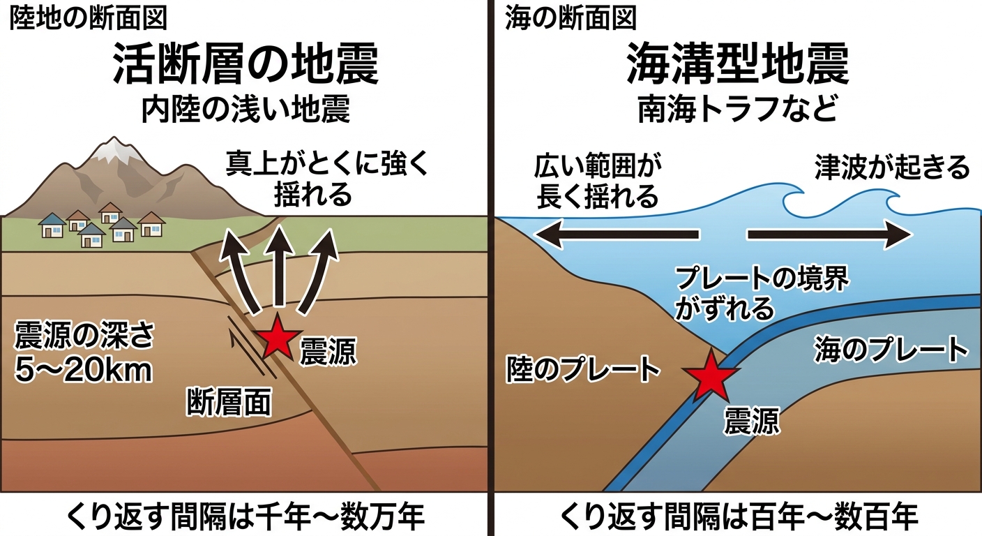 活断層の地震と海溝型地震の違いを示す断面図