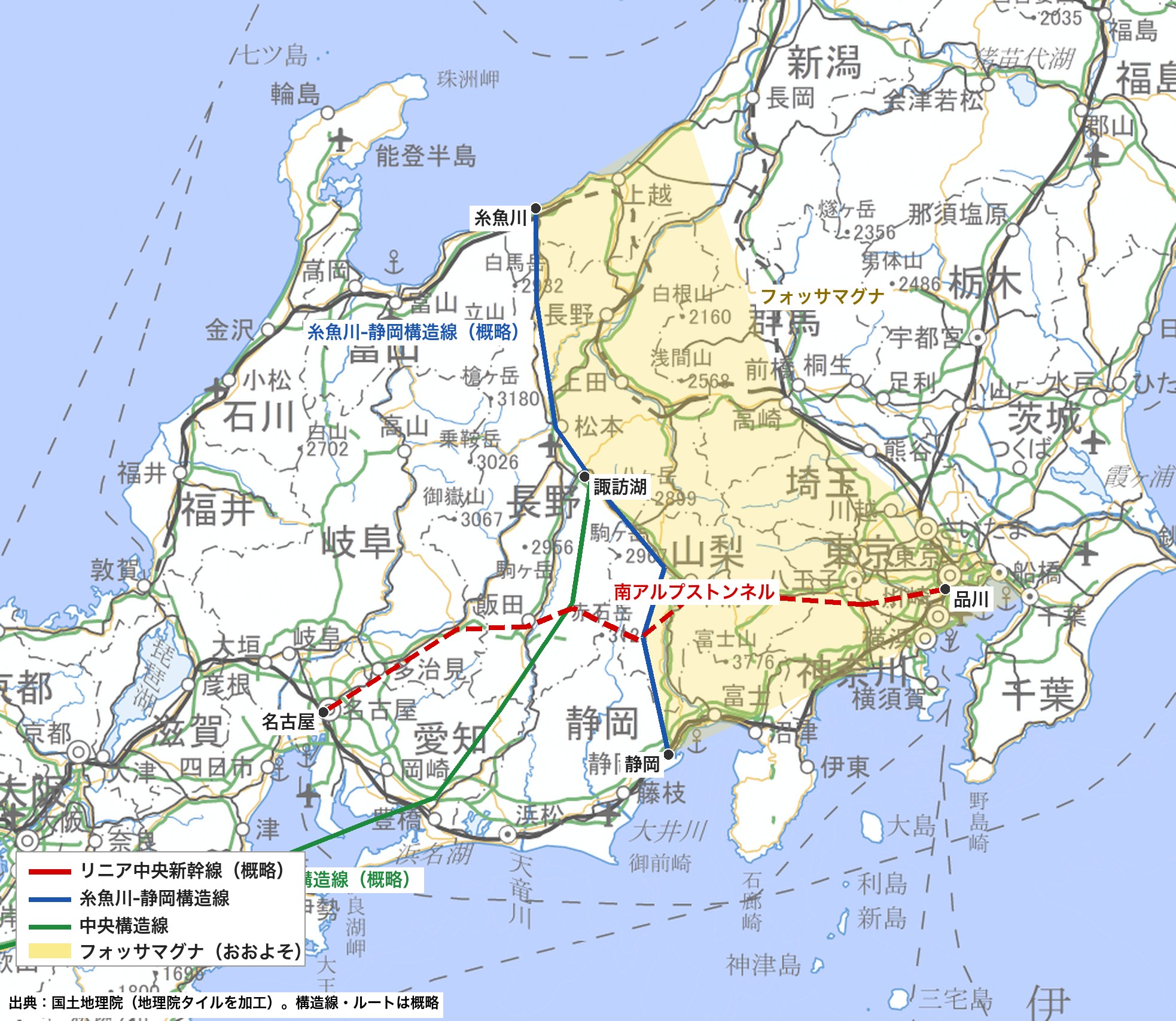 リニアルートと3大構造（フォッサマグナ・糸静線・中央構造線）の位置図
