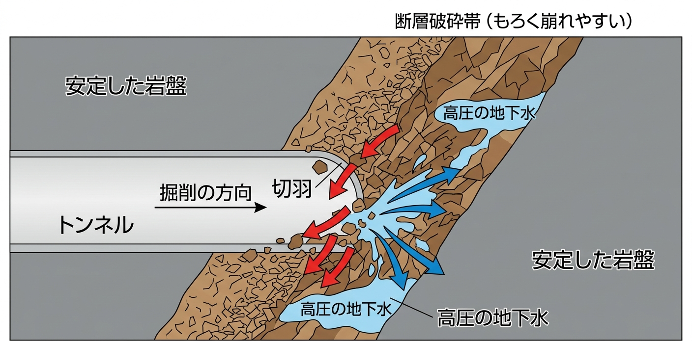 断層破砕帯をトンネルが横断する模式断面図