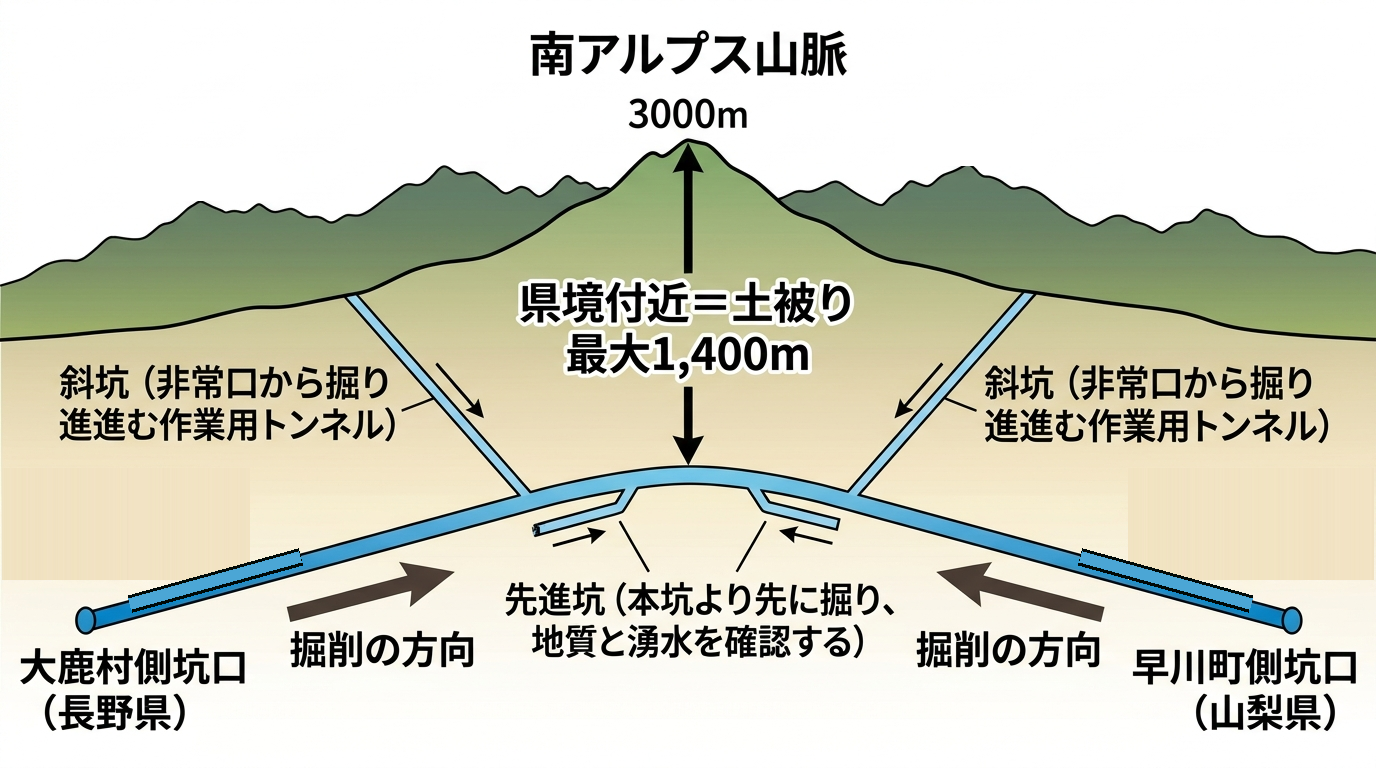 南アルプストンネルの縦断面図解:両側の坑口から中央へ登り勾配で掘り進み、斜坑と先進坑で工事を進める