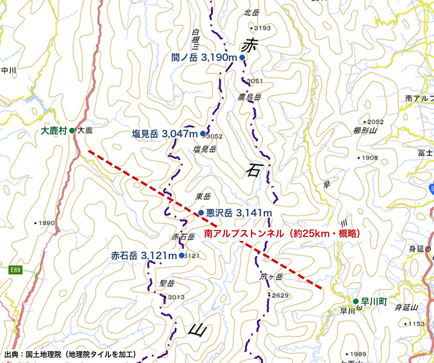 南アルプストンネルの位置を示す地形図