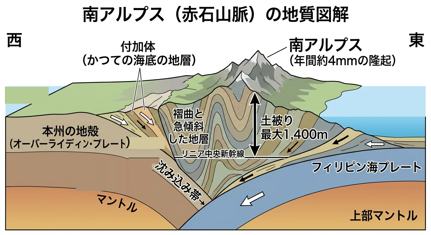 南アルプスの地質断面図解:フィリピン海プレートの沈み込みと付加体の隆起、リニアトンネルの位置