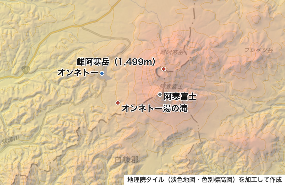 雌阿寒岳・阿寒富士・オンネトー・オンネトー湯の滝の位置図